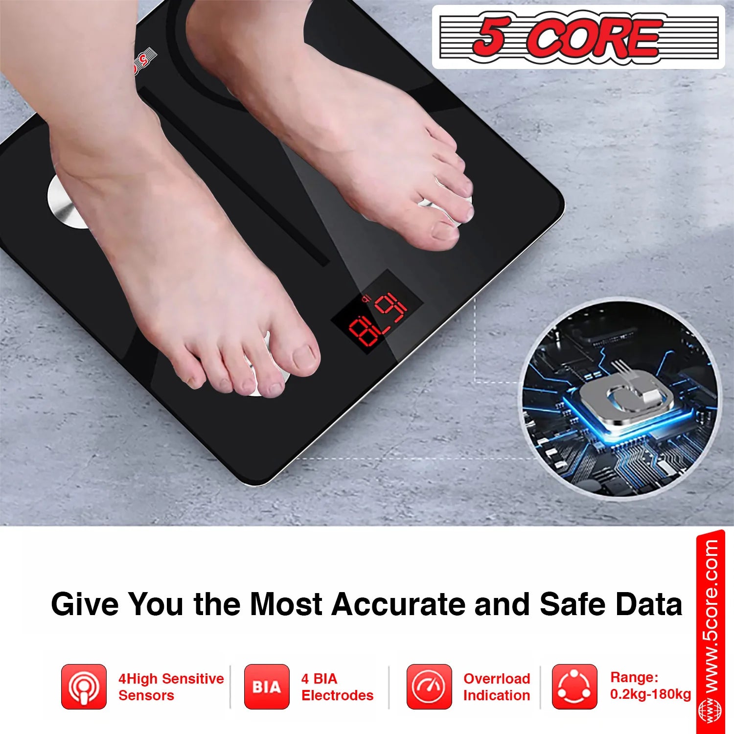 5 Core Bathroom Scale for Body Weight Smart Rechargeable Digital Weighing Machine (Body Composition Monitor Health Analyzer with Smartphone App 400 Lbs -BBS DOT R BLK)
