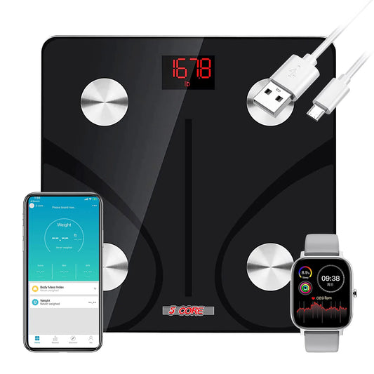 5 Core Bathroom Scale for Body Weight Smart Rechargeable Digital Weighing Machine (Body Composition Monitor Health Analyzer with Smartphone App 400 Lbs -BBS DOT R BLK)