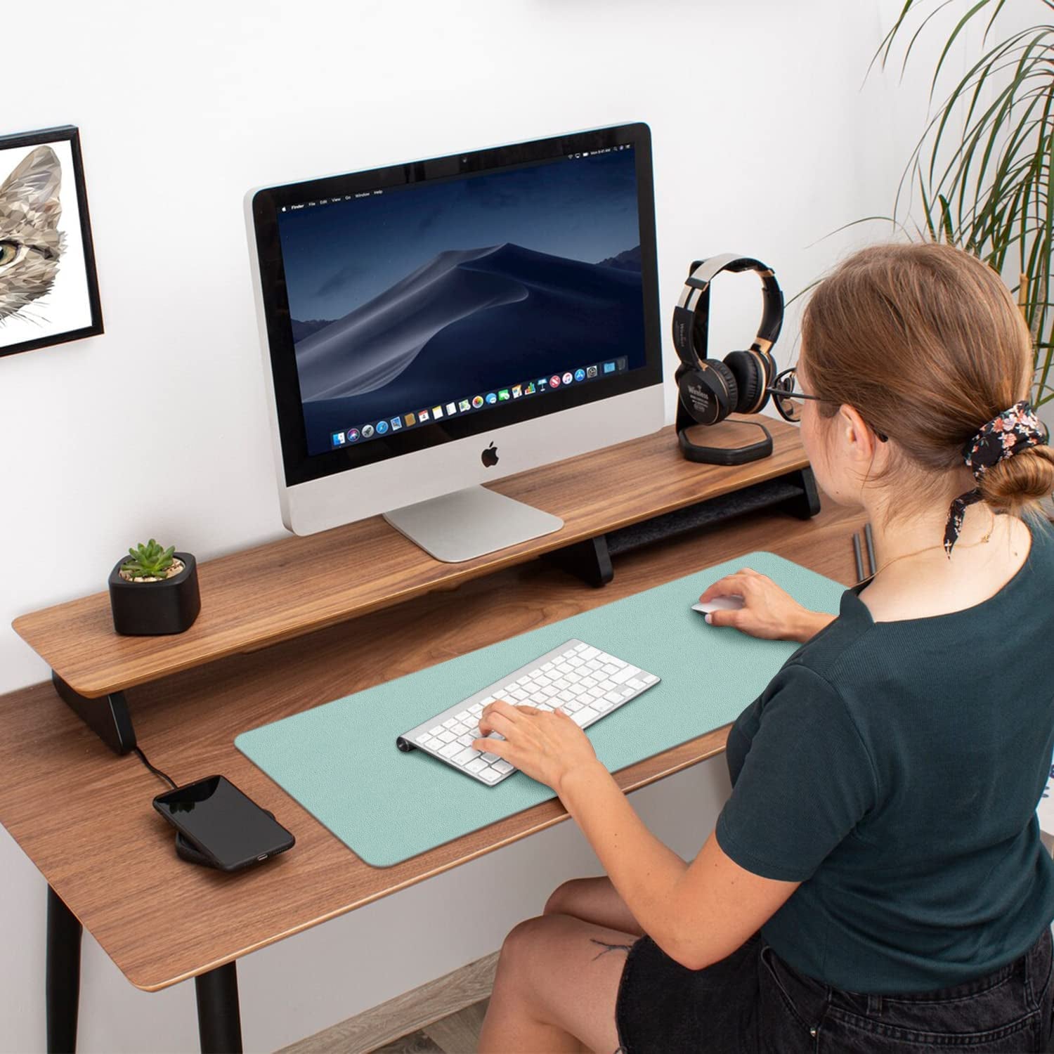 Desk Mat Large Protector Pad - Multifunctional Dual-Sided Office Desk Pad,Smooth Surface Soft Mouse Pad,Waterproof Desk Mat for Desktop, Pu Leather Desk Cover for Office/Home(Lake Blue, 31.5" X 15.7")